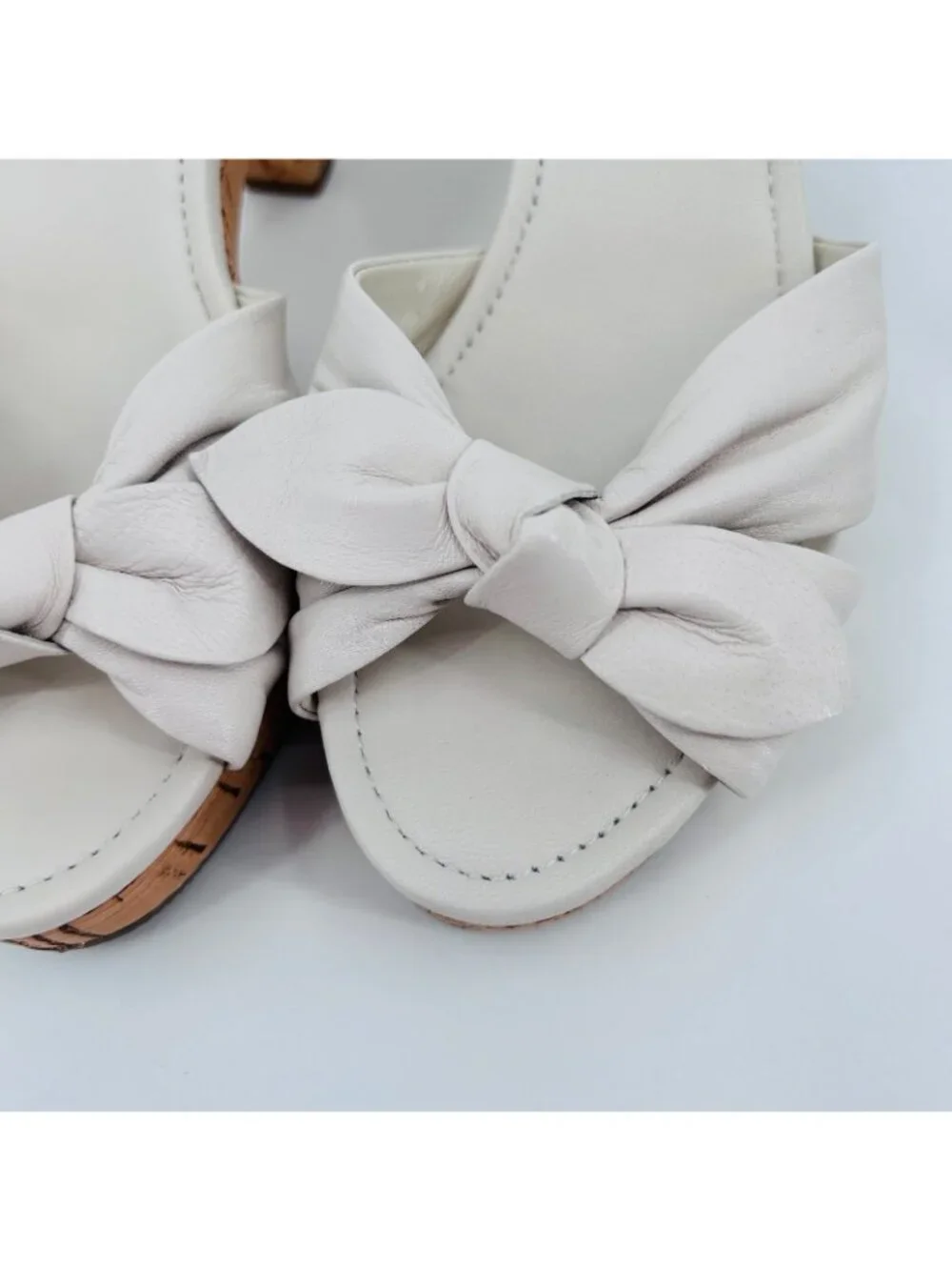 Coach Karen Slide Sandals White Size 7.5M Leather Cork Wedge Bow Platform Mules